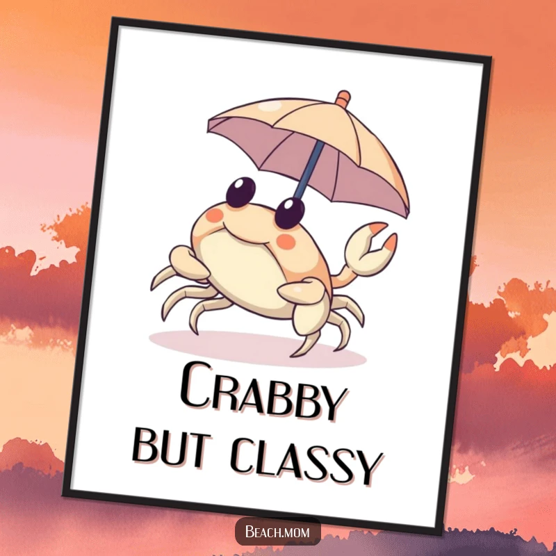 Funny digital art of a crab scuttling sideways with a tiny umbrella, ready to be printed.