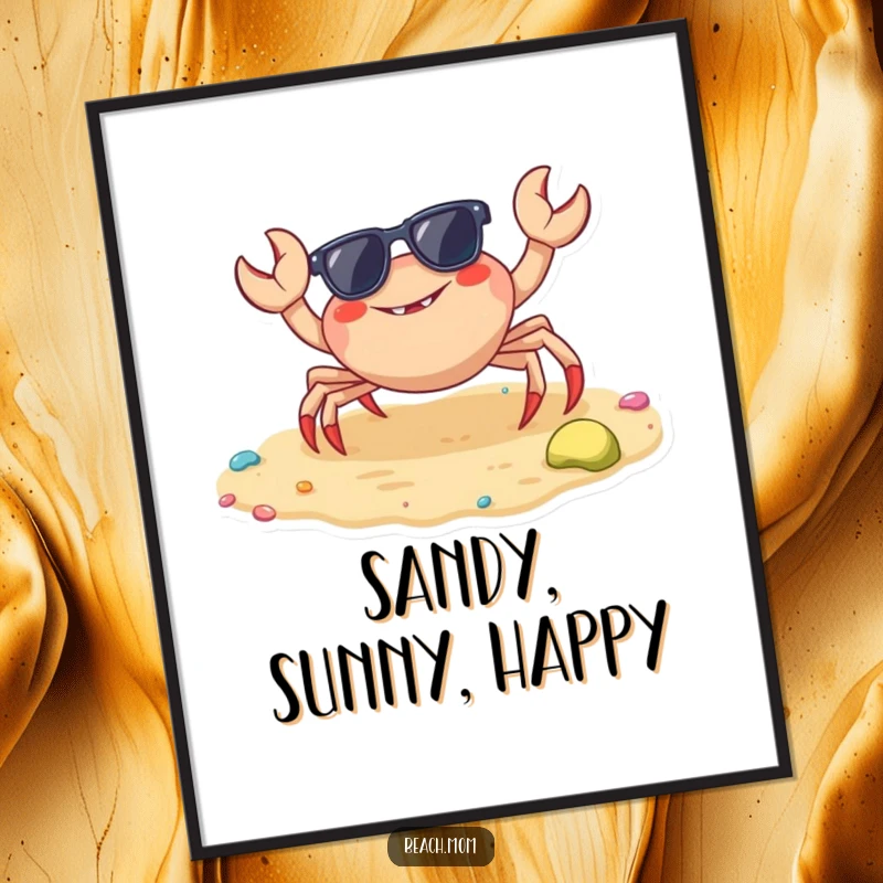 Funny crab digital art print of a cheerful crab with sunglasses on a colorful beach, for instant wall decor.