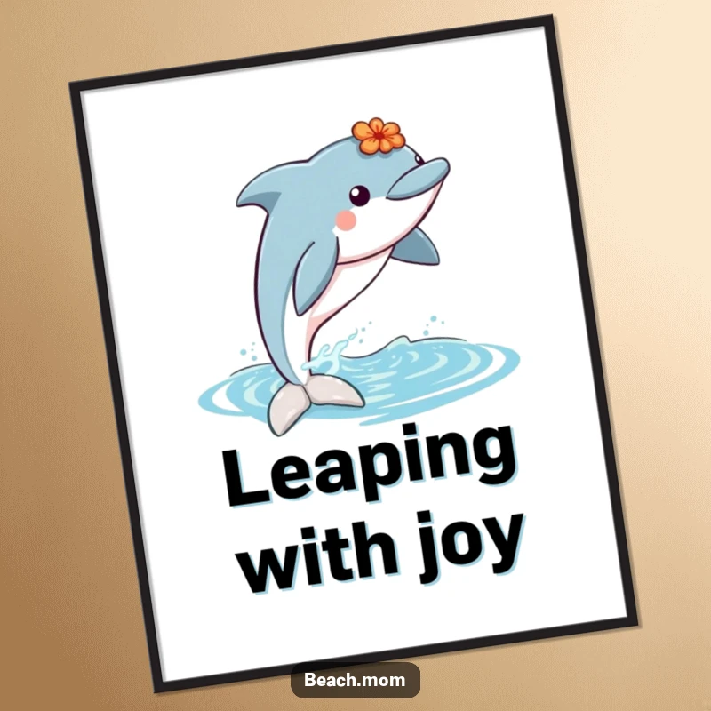 Funny dolphin with a lei jumping out of water, presented as a humorous tropical digital art print.