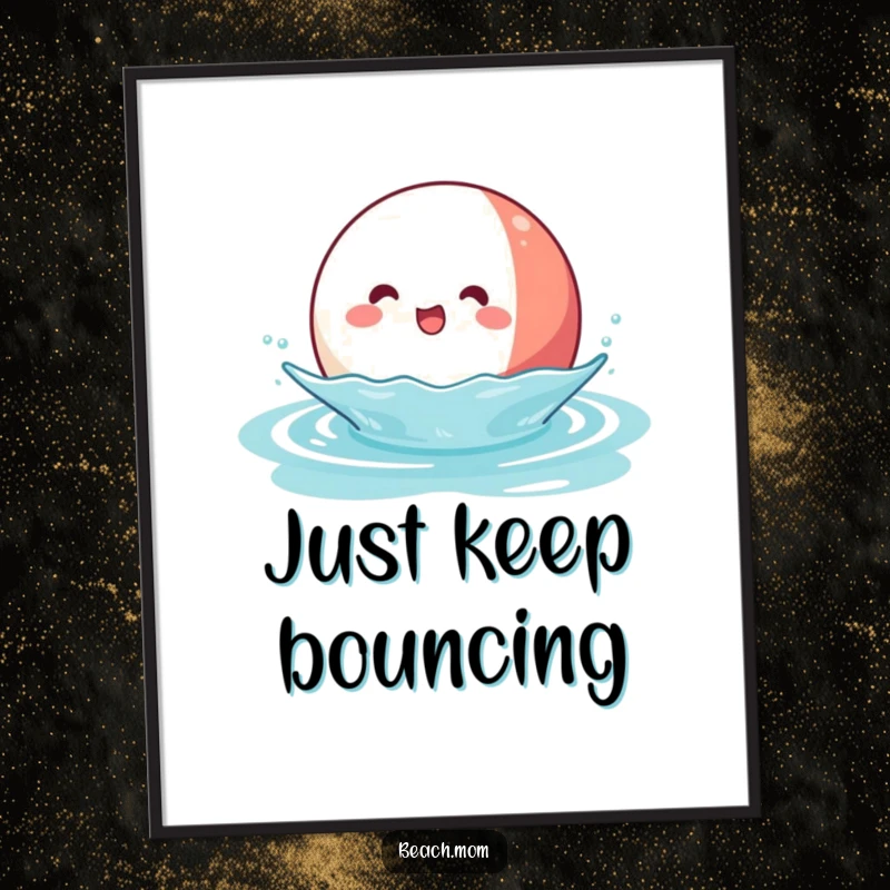 Funny Kawaii Beach Ball Digital Art Print: a joyful beach ball character happily bouncing on stylized water, full of energy.