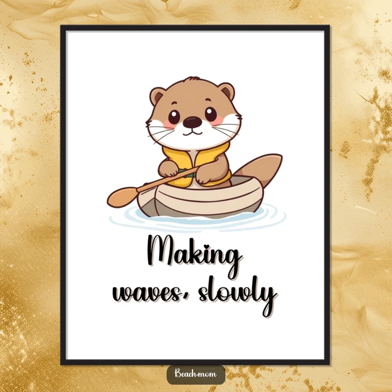 Funny digital art print of a cute otter in a life vest, paddling a tiny raft, perfect for instant wall decor.