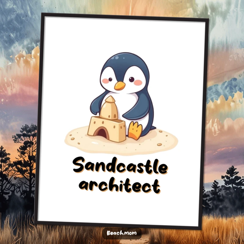 Funny penguin using tiny flippers to build a sandcastle, high-resolution digital art print, full of whimsical beach humor.