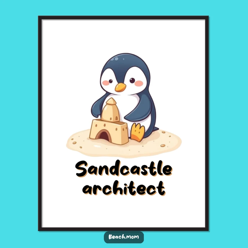 Funny Penguin Sandcastle Digital Art: Instant Download Hilarious Beach Wall Decor
