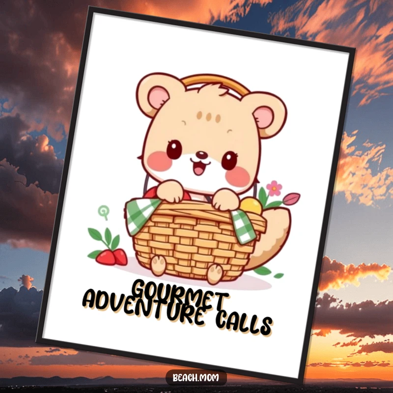 Funny digital art print: An overjoyed animal character is busy packing a picnic basket, radiating excitement for an outdoor meal.