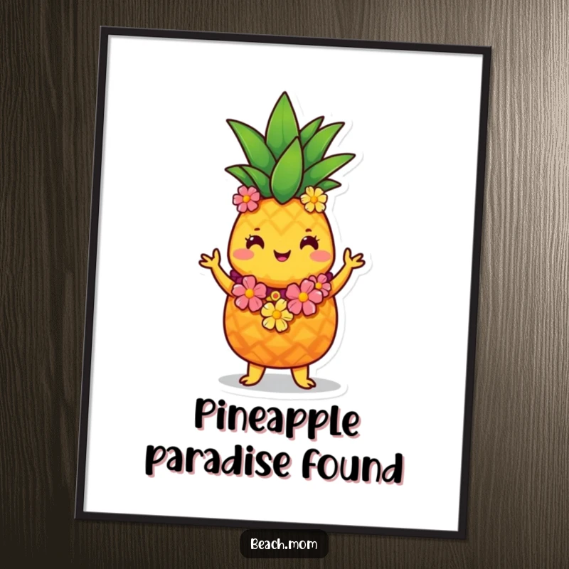 Funny pineapple hula digital art print showing a cute pineapple character in a lei, dancing joyfully, for instant tropical decor.