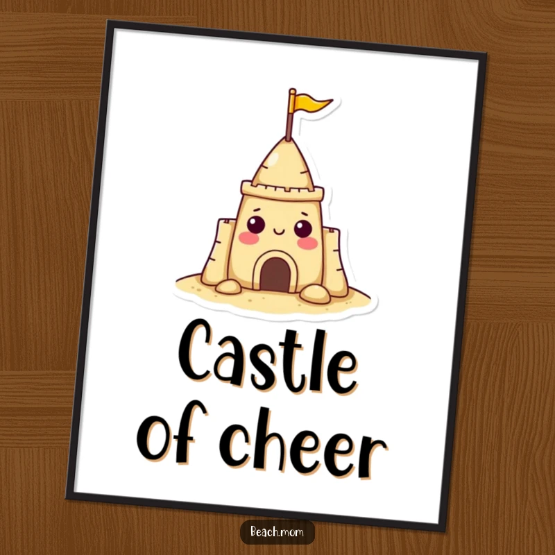Funny sandcastle character digital art print with a flag, featuring a cheerful beach scene, ready to be displayed.