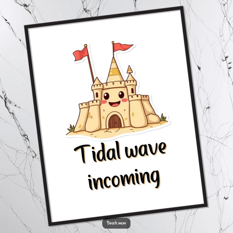 Funny digital art print of a grinning sandcastle waving a flag, perfect for adding beachy humor to any room.
