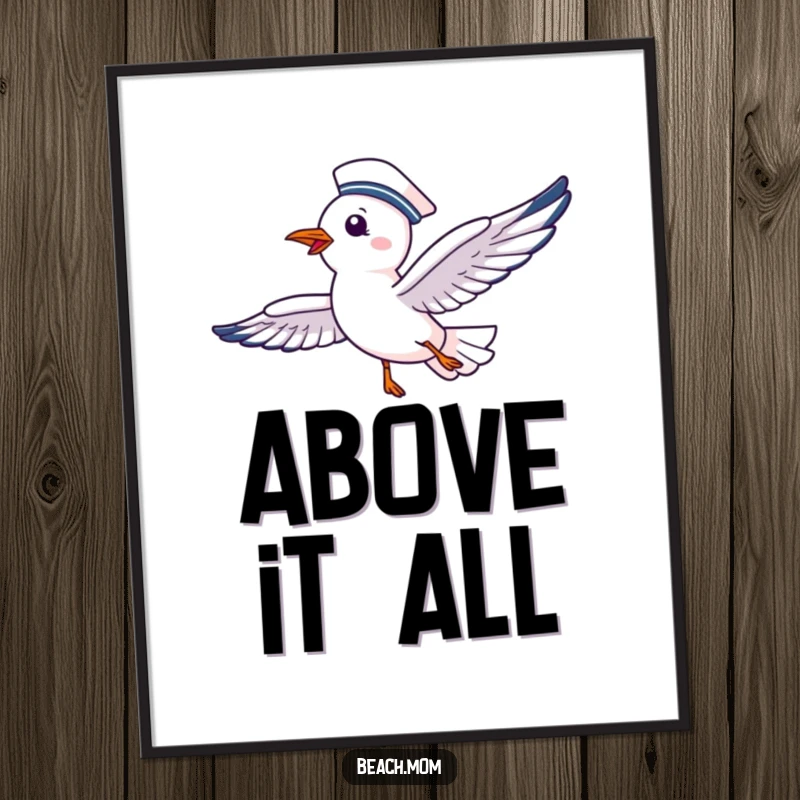 Funny digital art of a delighted seagull in a sailor hat, soaring joyfully, ready for instant download.