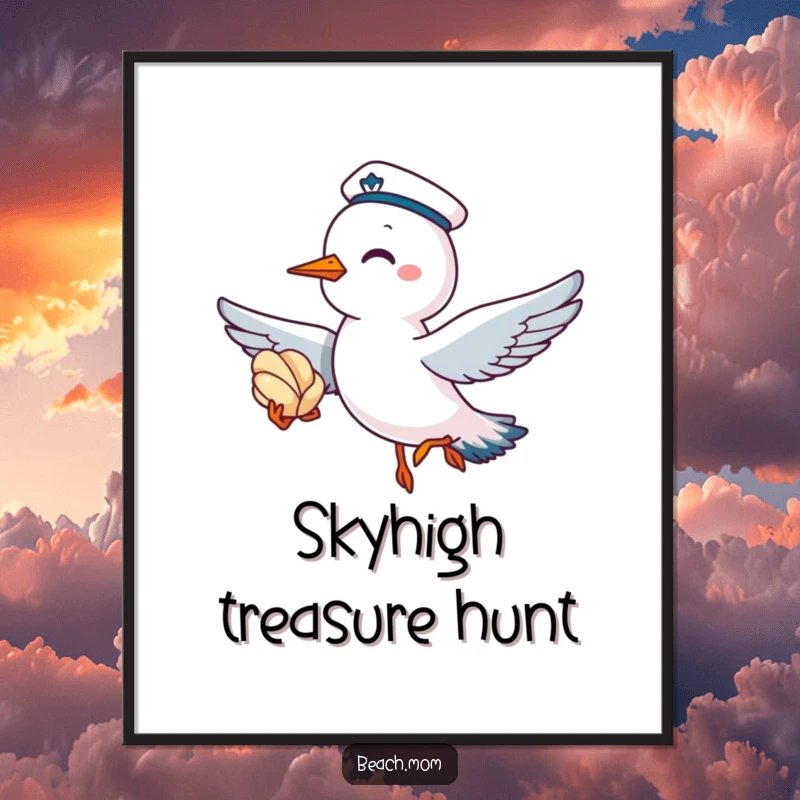 Funny digital art print of a giggling seagull wearing a sailor cap, flying with a seashell, for coastal decor.