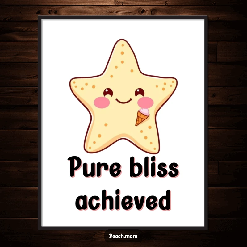 Funny Starfish Ice Cream Digital Art Print: High-resolution art of a smiling starfish with a tiny ice cream cone, conveying funny sweetness.