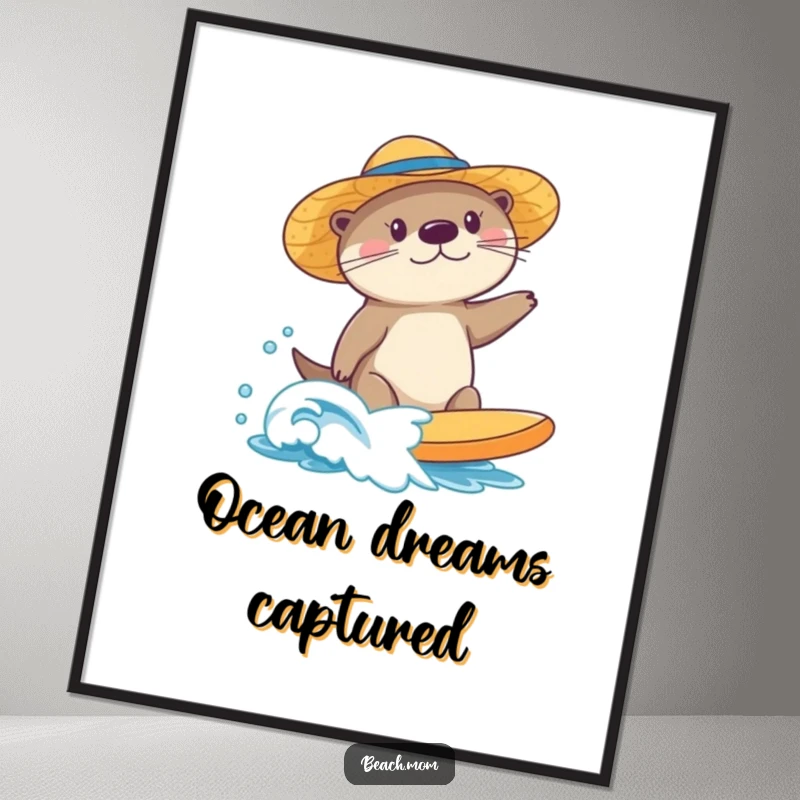 Funny sea otter digital art print, wearing a sun hat, surfing a small wave, a downloadable piece of pure beachy fun.