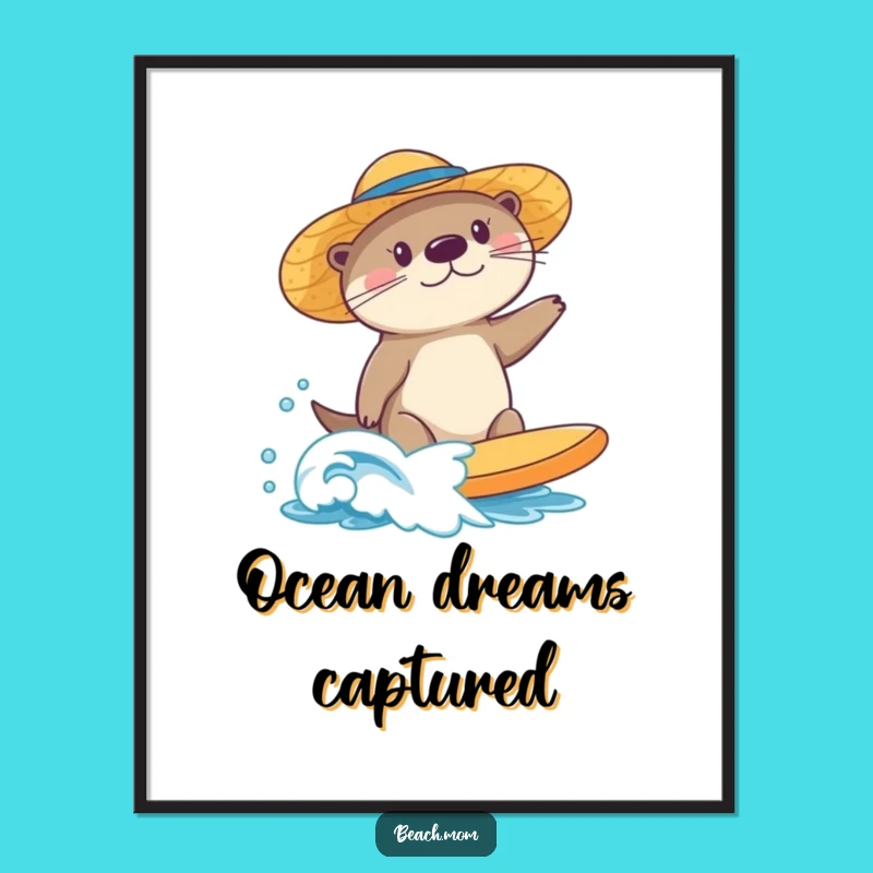 Funny Surfing Sea Otter Digital Art Print: Sun Hat Waves - Instant Funny Gift