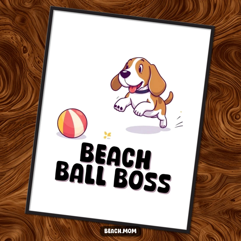 Funny Basset Hound digital art print of a dog playfully chasing a beach ball on the shore, ready to download and bring seaside vibes.