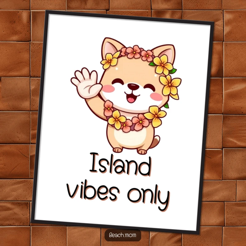 Funny animal wearing a flower lei, waving a friendly welcome, printable digital art for tropical decor.