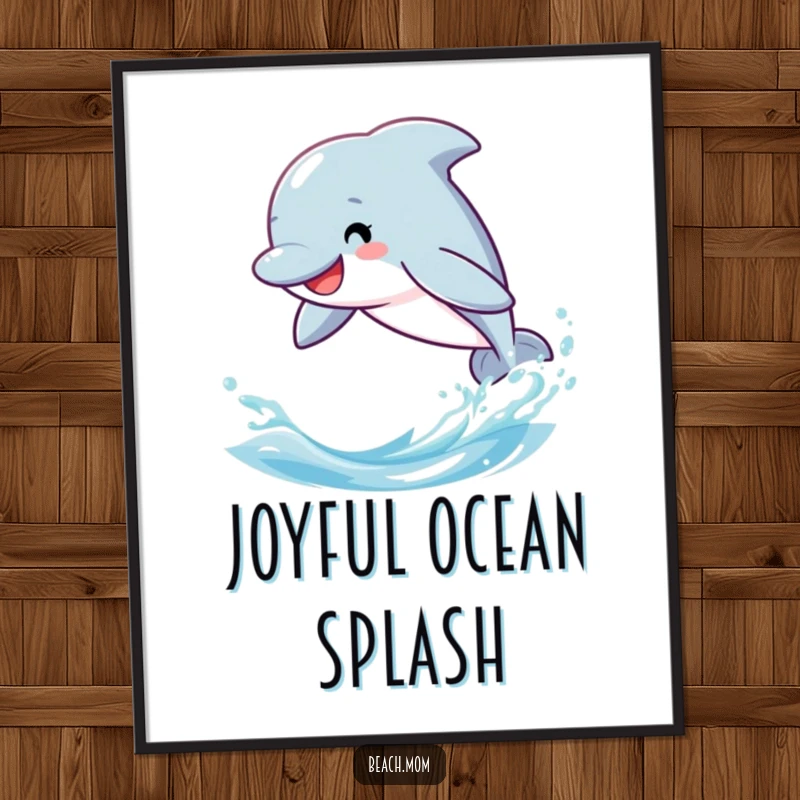Funny dolphin digital art print, cartoon character leaping playfully through stylized ocean waves, vibrant coastal decor.