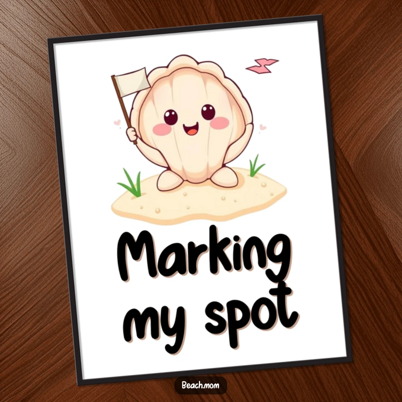 Funny smiling seashell holding a tiny flag planted in the sand, high-resolution digital art print, full of whimsical beach humor.