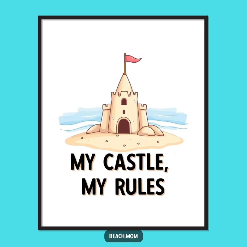 Funny Sandcastle Digital Art: Cheerful Castle Waving Flag at Ocean