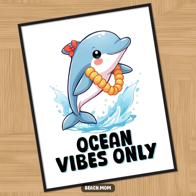 Funny Dolphin Digital Art: A playful dolphin with a lei leaps from blue water, offering instant, humorous tropical wall decor.