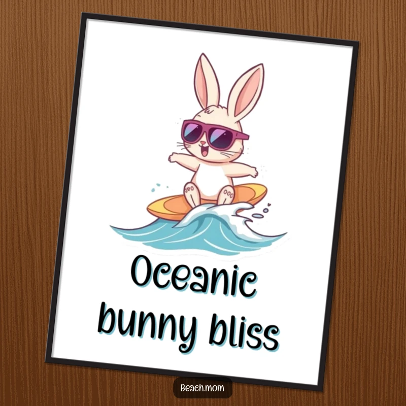 Funny Bunny Surfer digital art print of a cool bunny with sunglasses surfing a tiny wave, perfect for instant beach-themed decoration.