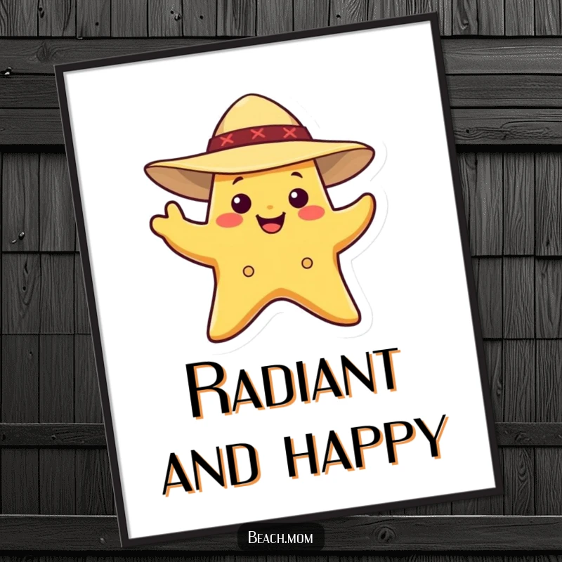 Funny Starfish Digital Art Print: A smiling starfish wearing a sun hat, waving, sunny decor.