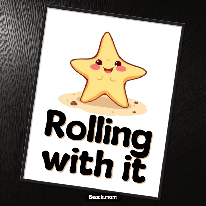 Funny Starfish Digital Art Print: a cheerful starfish performing a cartwheel on sand, capturing motion and happiness.