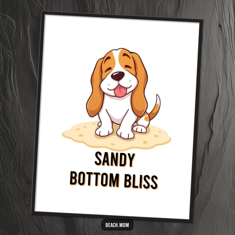 Funny Basset Hound digital art print of a happy dog burying its tail in the sand with a contented sigh, capturing pure relaxation digitally.