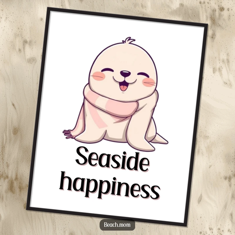 Funny beach seal winking from a towel, presented as a high-resolution digital art print for humorous wall decor.