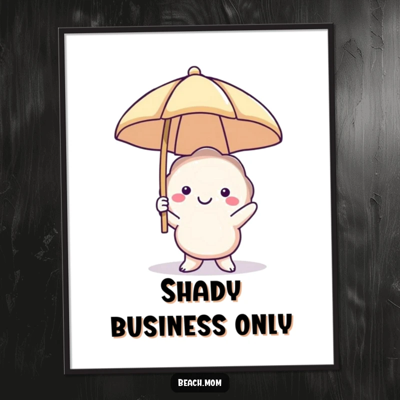 Funny smiling seashell digital art print with a beach umbrella, ideal for instant download and beach-themed decor, a humorous piece.