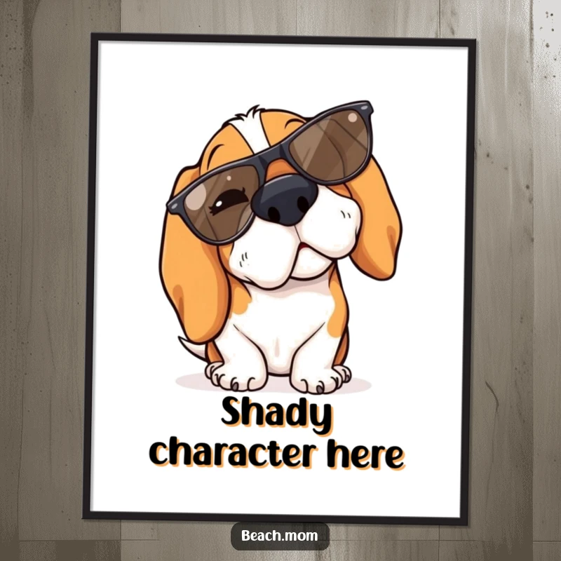 Funny Basset Hound digital art print of a dog winking coyly with stylish sunglasses tilted on its nose.