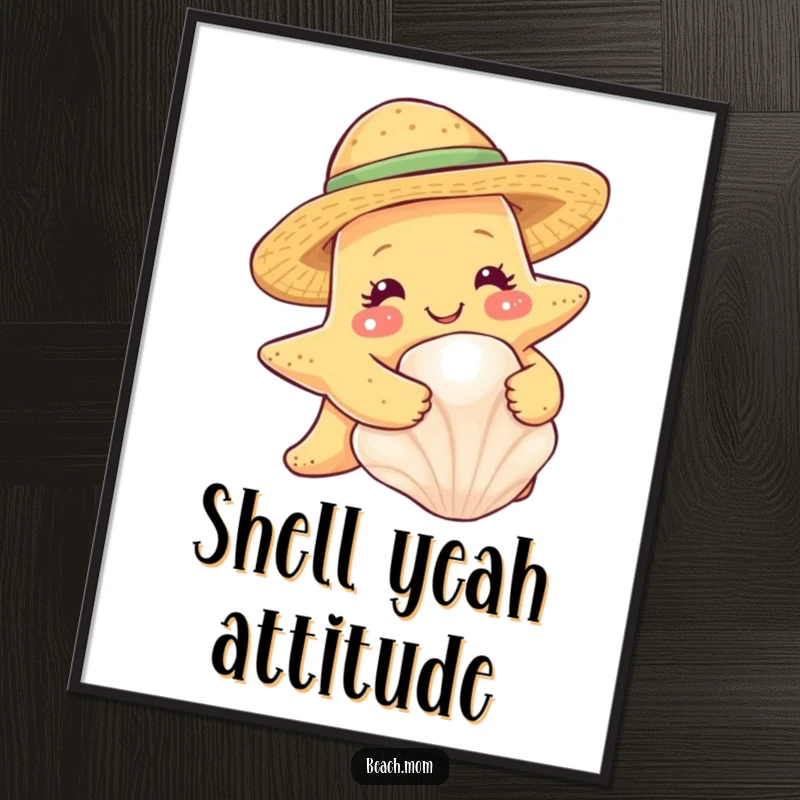 Funny starfish with a straw hat, hugging a seashell, downloadable digital art print.