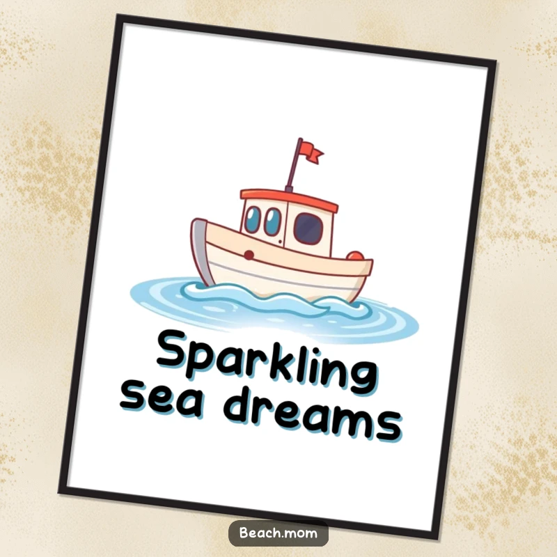 Funny little boat digital art print showing a cheerful boat bobbing on sparkling waves, perfect for instant serene wall decor.