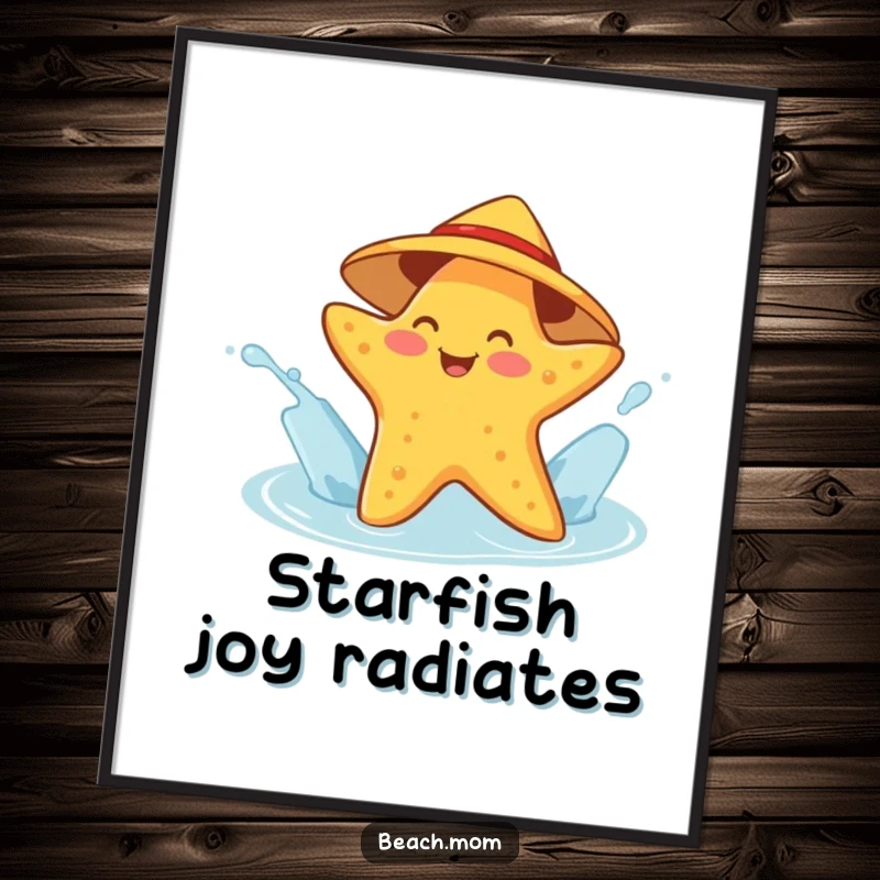 Funny starfish digital art print of a cheerful character in a sunhat splashing water, conveying humorous ocean playfulness and joy.