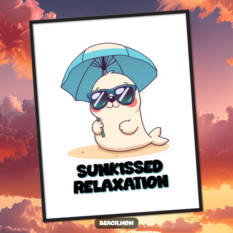 Funny Kawaii seal digital art print of a cute seal wearing sunglasses and holding a beach umbrella, offering instant beachy fun.
