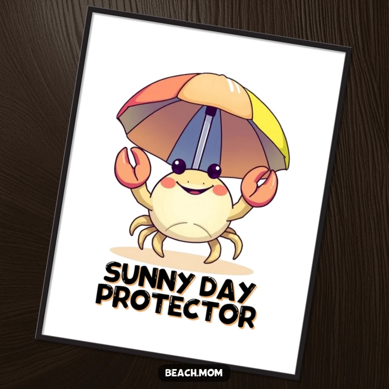Funny Crab Digital Art Print: A happy crab carrying a colorful beach umbrella, sunny decor.