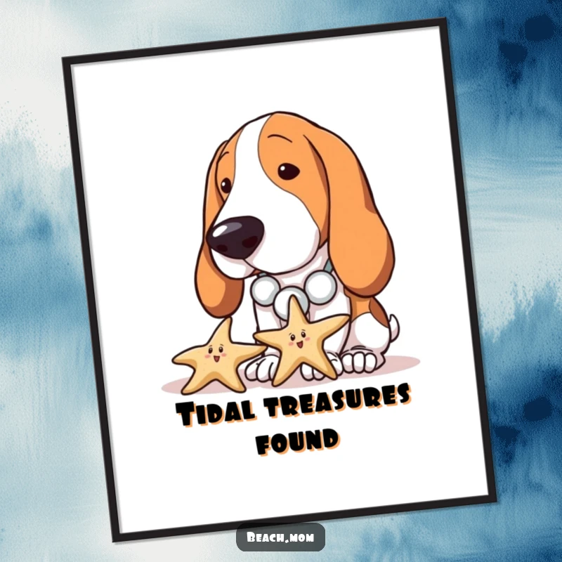 Funny Basset Hound digital art print of a dog with a seashell necklace curiously inspecting a starfish, capturing beach exploration digitally.