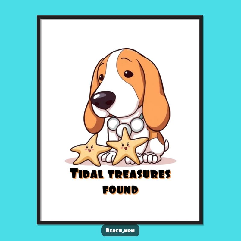 Funny Basset Hound Beach Digital Art - Curious Dog Starfish Print