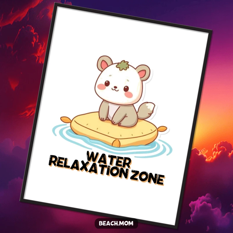 Funny digital art print: A happy animal character contentedly bobs on a raft, embodying peace and relaxation.