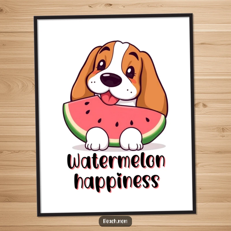 Funny Basset Hound digital art print of a dog looking incredibly refreshed and happy while eating a large slice of watermelon.
