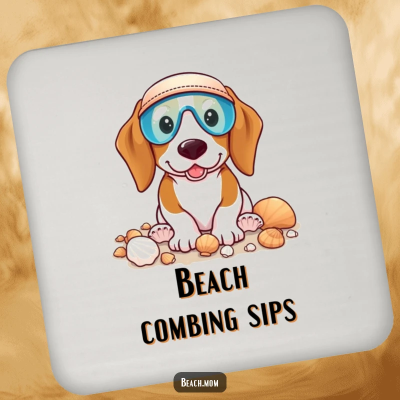Funny Basset Hound coasters featuring a dog wearing a visor, happily collecting seashells, adding coastal humor to any table.