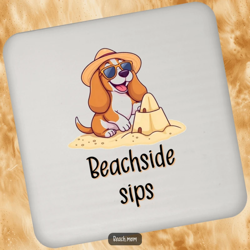 Funny Basset Hound Beach Coasters: A happy Basset hound builds a sandcastle, bringing beach vibes, a funny gift.