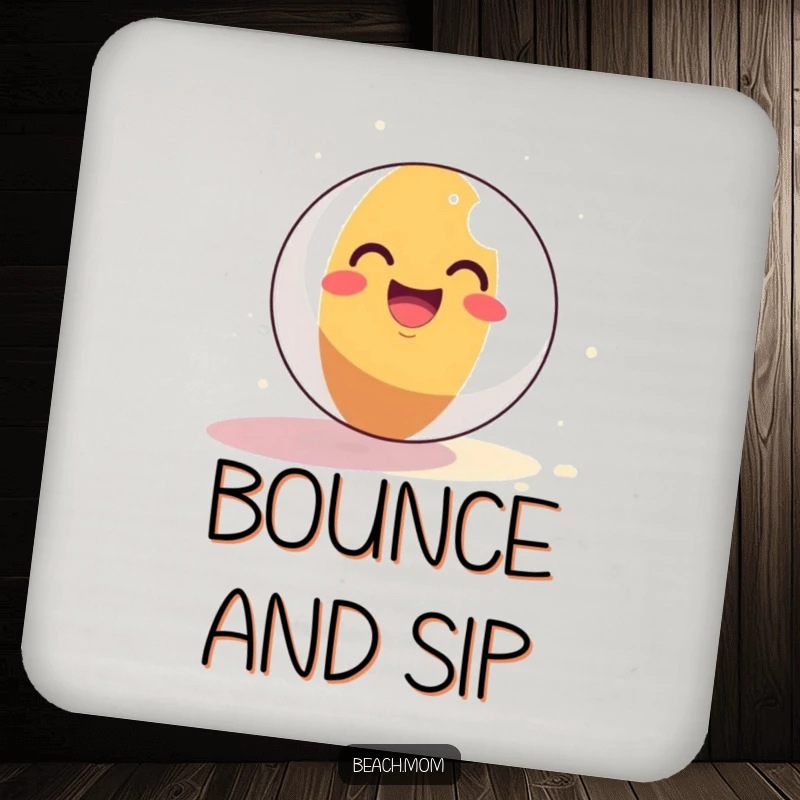 Funny Beach Ball Coaster: A smiling beach ball bounces joyfully on sand, adding humorous summer protection to drink surfaces.