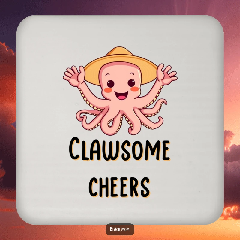 Funny octopus wearing a sun hat and waving multiple arms, depicted on a round drink coaster, adding cheerful sea vibes.