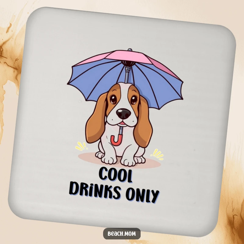 Funny Basset Hound coasters featuring a dog using a small umbrella for sun protection, adding humorous summer charm.