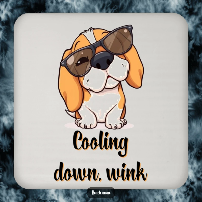 Funny Basset Hound coaster showing a dog winking with cool sunglasses tipped on its nose.