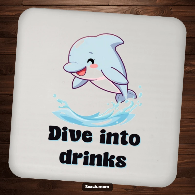 Funny dolphin coaster, cartoon character joyfully leaping through ocean waves, protecting surfaces.