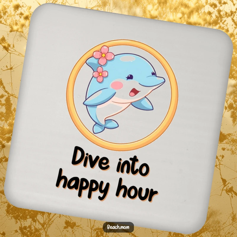 Funny dolphin wearing a flower, jumping through a hoop, on a set of drink coasters.