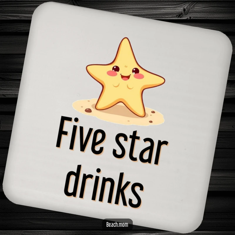 Funny Starfish Drink Coaster: a smiling starfish character doing a cartwheel on sand, adding a dynamic coastal touch.