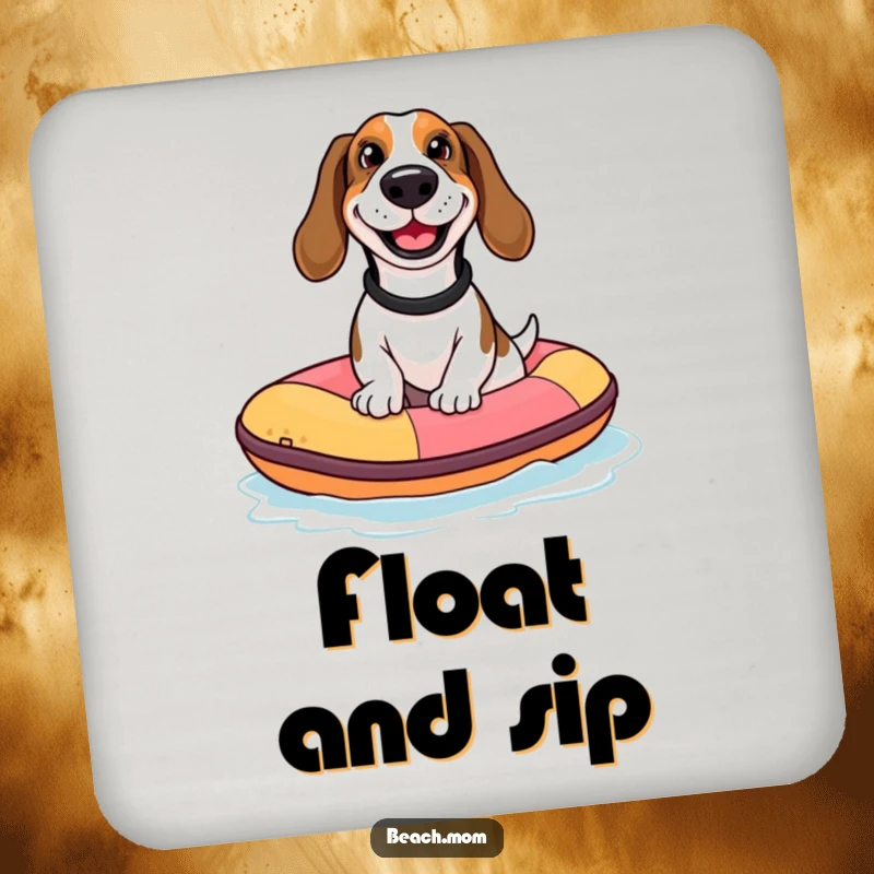 Funny Basset Hound coasters featuring a dog with a goofy grin riding a tiny inflatable raft, adding humorous water charm.