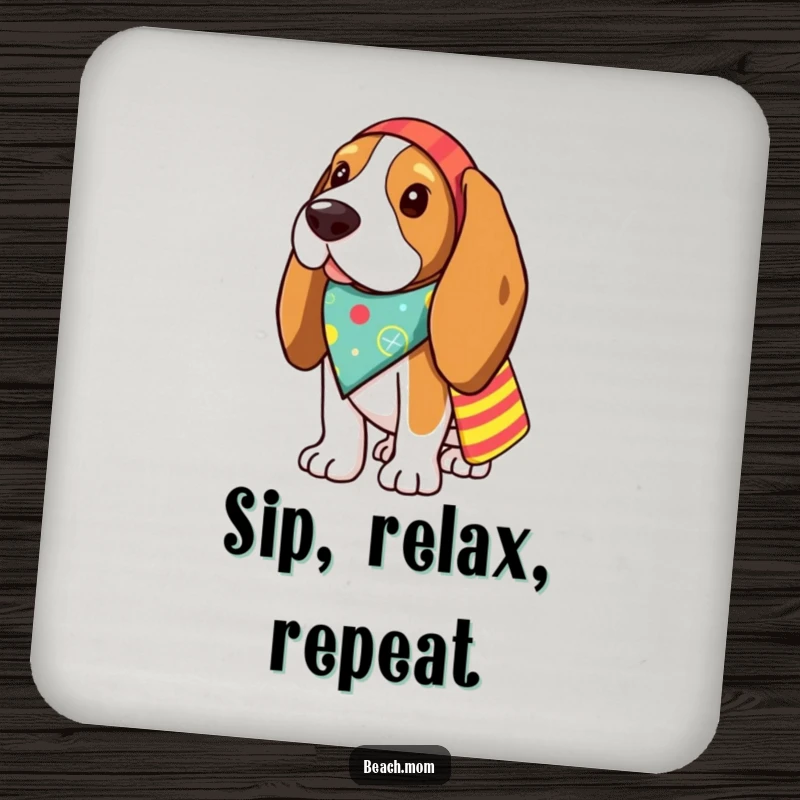 Funny Basset Hound coasters featuring a dog ready for the beach, adding a humorous touch to drink service.