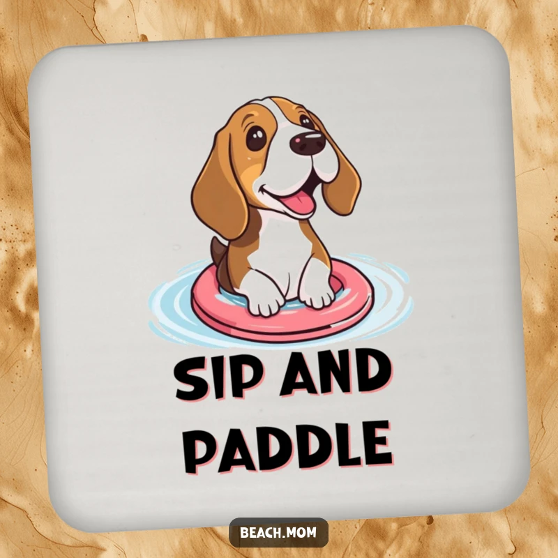 Funny Basset hound coaster showing a dog with small floaties excitedly paddling, perfect for protecting surfaces humorously.